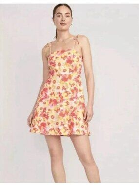 Old Navy Dress XL Petite Pink Watercolour Floral Linen Blend Cami Mini Smocked